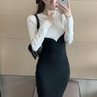 Two-tone Long-sleeve Sheath Dress Black - One Size