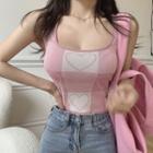 Square-neck Heart Print Top Pink - One Size