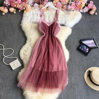 Wide Strap Mesh Midi A-line Dress