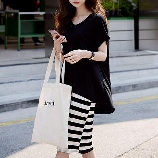Set: T-shirt + Striped Dress Black - One Size