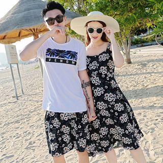 Couple Matching Printed Short-sleeve T-shirt / Floral Spaghetti Strap Dress / Shorts / Set