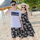 Couple Matching Printed Short-sleeve T-shirt / Floral Spaghetti Strap Dress / Shorts / Set