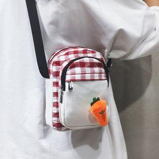 Canvas Plaid Panel Carrot Appliqued Crossbody Bag