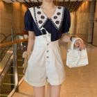 Short-sleeve Embroidered Blouse / Suspender Shorts