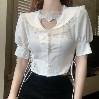 Puff-sleeve Collared Heart Cutout Drawstring Blouse