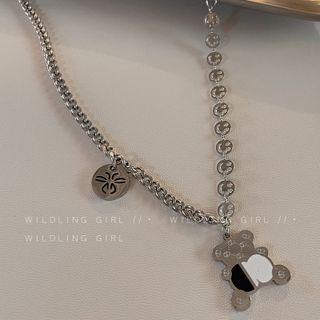 Bear Pendant Stainless Steel Necklace Black & White - One Size