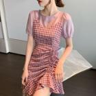 Short-sleeve Plaid Drawstring Mini A-line Dress