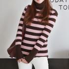Turtle-neck Long-sleeve Slim-fit Striped Knit Top