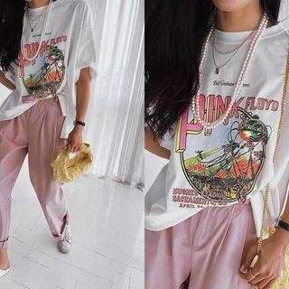 Elbow-sleeve Illustrated T-shirt Ivory - One Size
