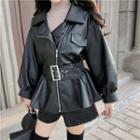 Puff-sleeve Faux Leather Zip Jacket