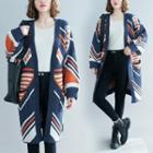 Patterned Open-front Long Cardigan Dark Blue - One Size