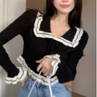 Collared Contrast Trim Knit Crop Top Black - One Size