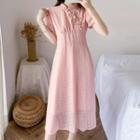 Balloon-sleeve Patterned Frog Buttoned Midi A-line Dress