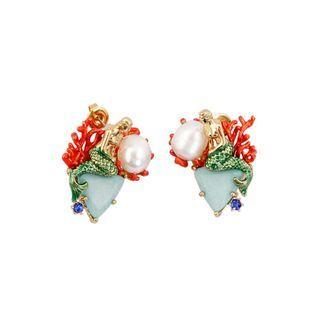 Fashion And Elegant Plated Gold Enamel Mermaid Coral Stud Earrings With Imitation Pearls Golden - One Size