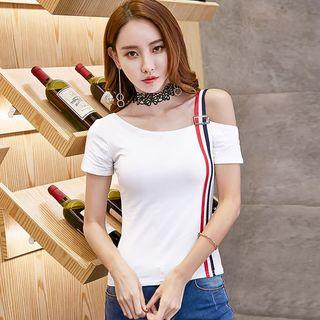 Striped Strap Cut Out Shoulder Short Sleeve T-shirt