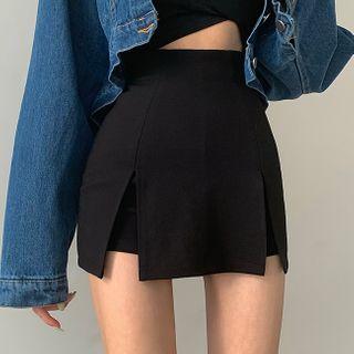 High-waist Plain Double Slit Skort