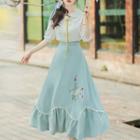 Set: Puff-sleeve Ruffled Blouse + Floral Embroidered Midi A-line Skirt