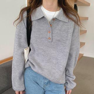 Polo Collar Single-breasted Plain Top Gray - One Size