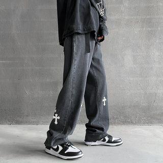 Cross Print Washed Jeans