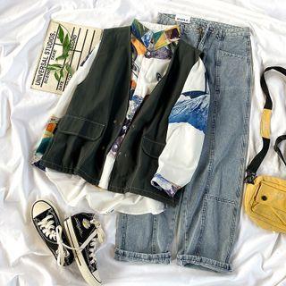Print Shirt / Cargo Vest / Wide-leg Jeans
