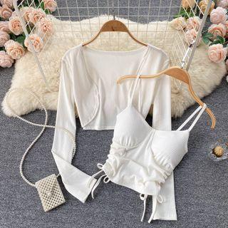 Set Of 2 : Drawstring Suspender Top + Plain Cropped Long-sleeve Cardigan