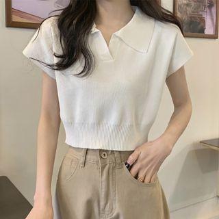 Short-sleeve Collar Knit Crop Top