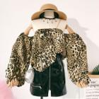 Off-shoulder Long-sleeve Leopard Print Blouse Leopard - Brown - One Size