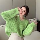 V-neck Cable Knit Sweater Green - One Size