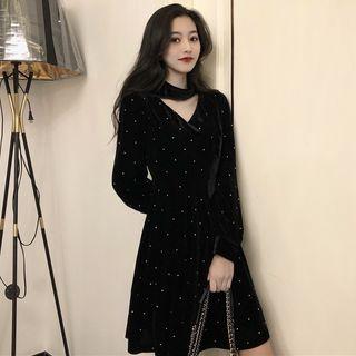 Long-sleeve Dotted Open Front A-line Dress