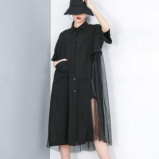 Mesh Panel Short-sleeve Long Shirt