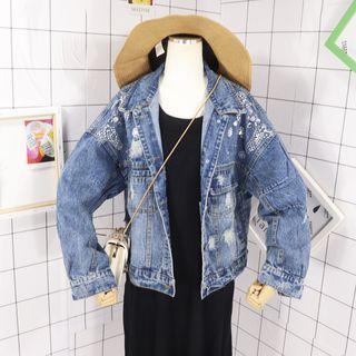Rhinestone Ripped Buttoned Denim Jacket