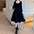 Long-sleeve Square-neck Lace-trim A-line Dress