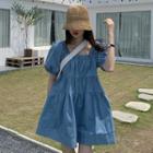 Square-neck Puff-sleeve Mini Denim Shift Dress Blue - One Size