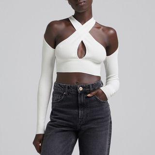 Long-sleeve Cold-shoulder Cross Strap Crop Top