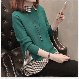 Crew-neck Sweater / Plaid Shirt / Mock Two-piece Long-sleeve Top / Set