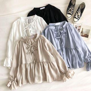 Plain Crewneck Long-sleeve Lace-up Top