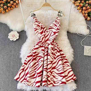 Sleeveless Embellished Zebra Print A-line Dress