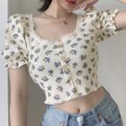 Short-sleeve Flower Print Cropped T-shirt Blue Floral - Beige - One Size
