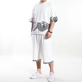 Set: Patterned Elbow-sleeve Sweater + Capri Pants