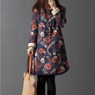 Long-sleeve Padded Floral Print A-line Dress