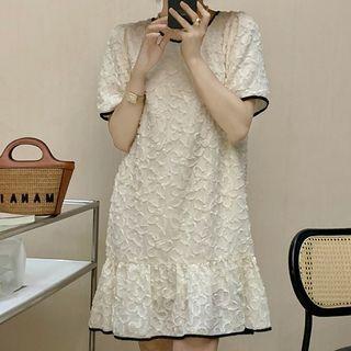 Short-sleeve Textured Mini A-line Dress Beige - One Size