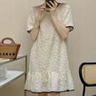Short-sleeve Textured Mini A-line Dress Beige - One Size