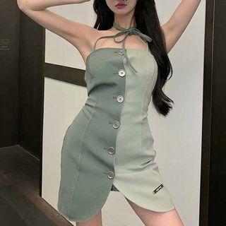 Spaghetti-strap Two-tone Mini Sheath Dress Green - One Size
