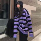 Long-sleeve Striped Knit Top / High-waist Loose Fit Pants