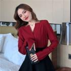 V-neck Long-sleeve Plain Shirt