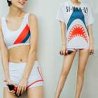 Set: Color Block Tankini + Shark Print Short-sleeve Top
