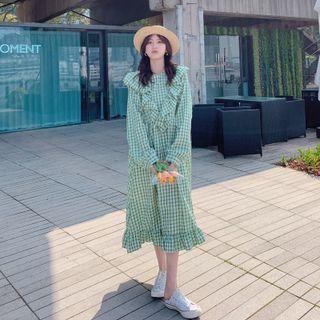 Ruffle Plaid Puff-sleeve Dress