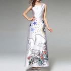 Sleeveless Printed A-line Maxi Evening Gown