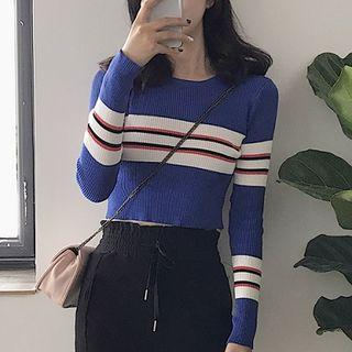 Long-sleeve Striped Knit Top / Cropped Sweatpants