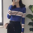 Long-sleeve Striped Knit Top / Cropped Sweatpants